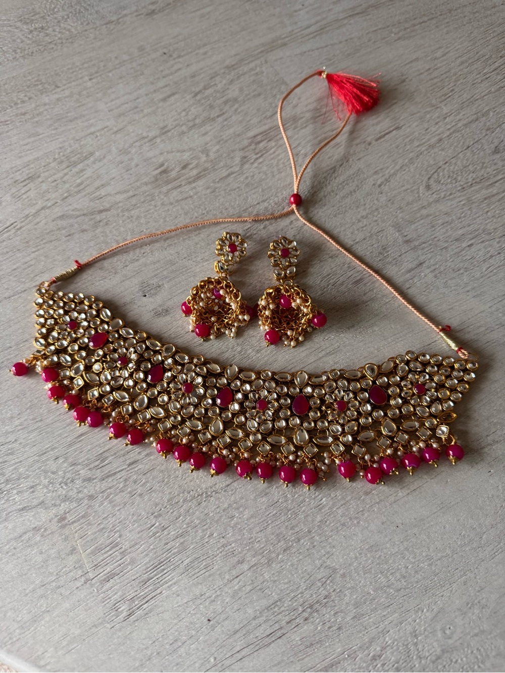 Hot Pink Kundan Choker and Earring Set